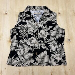 Sunset Cove Blouse Womens Large Black Floral Hawaiian Button Front Rayon Top